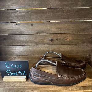 Mens Ecco Moc 2 Brown Leather‎ Slip On Casual Comfort Loafers Shoes Size EU 42